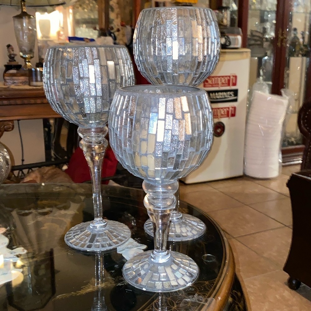 Mosaic Stained Glass Candle Holder Set Of 3 Long Stemmed Amber & Multicolor